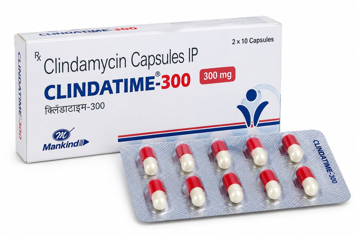 clinsamycin capsule imagee Clindatime-300 Capsule 300mg Clindamycin Mankind Pharma box and capsule strip