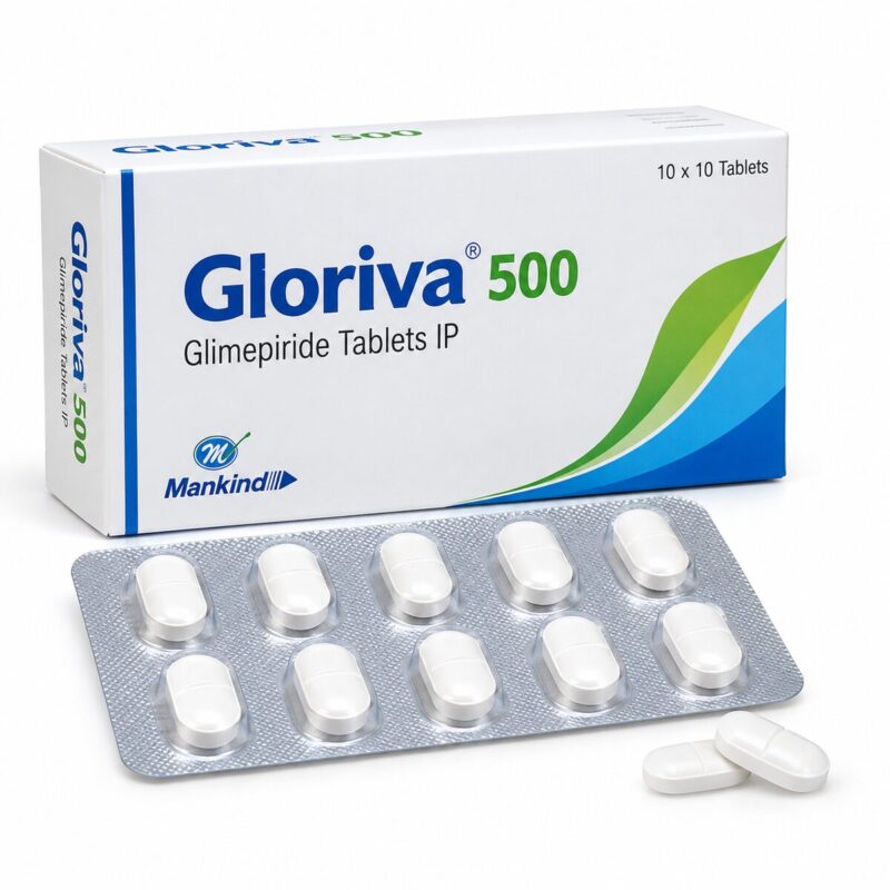 Gloriva 500 Tablet pack with Glimepiride tablets and blister strip