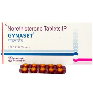 Gynaset 5mg Tablet Norethisterone Mankind Pharma box and medicine strip 