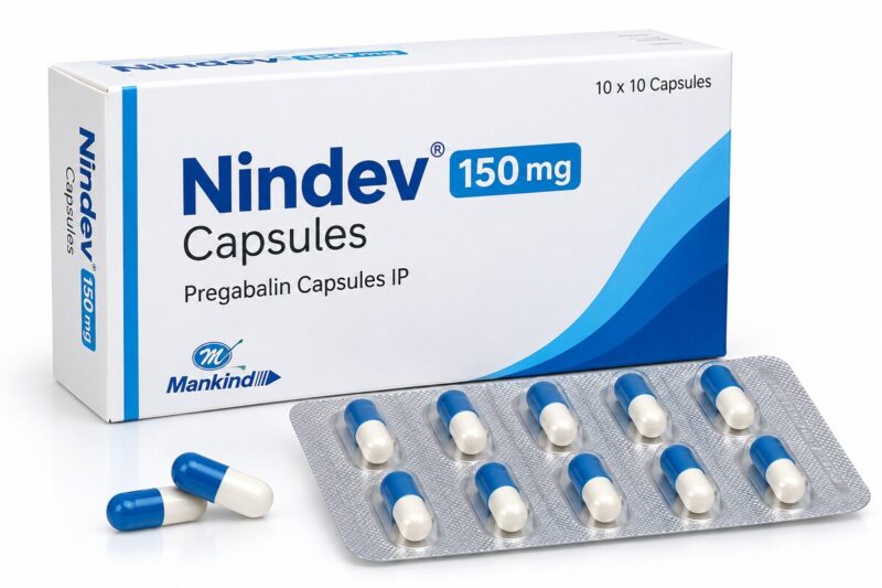 Nindev 150mg Capsule pack with Pregabalin capsules and blister strip