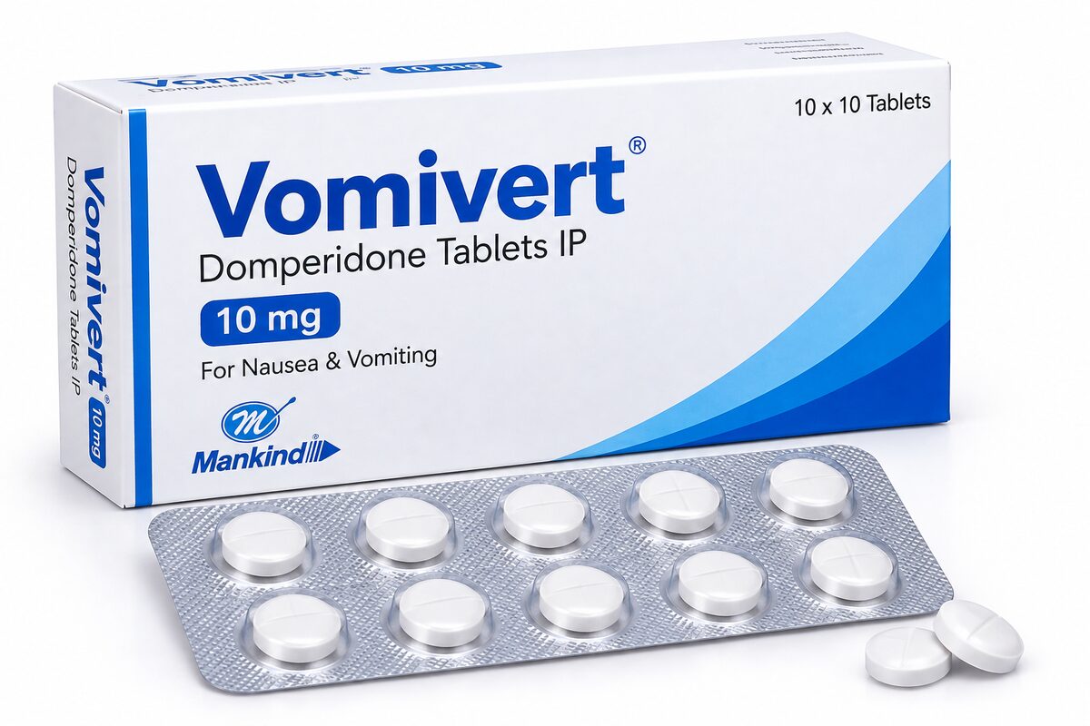 vomivert imageeee Vomivert Tablet 10mg pack with Domperidone tablets and blister strip